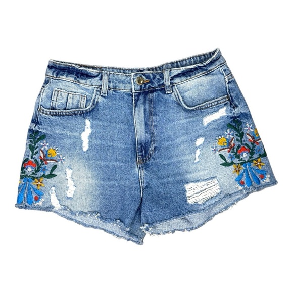 Zara Floral Embroidered Distressed Ripped Denim Shorts - Picture 1 of 7